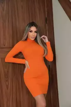 Vestido Canelado Manga Longa Gola Alta - comprar online