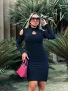 Vestido Manga Longa Ombro Vazado Decote Gota