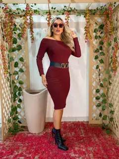 Vestido Midi Manga Longa Ombro A Ombro - loja online