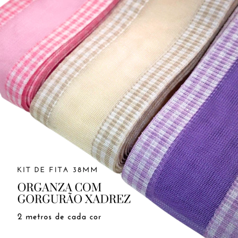 Kit Fita organza borda xadrez 38mm (2 metros de cada cor)