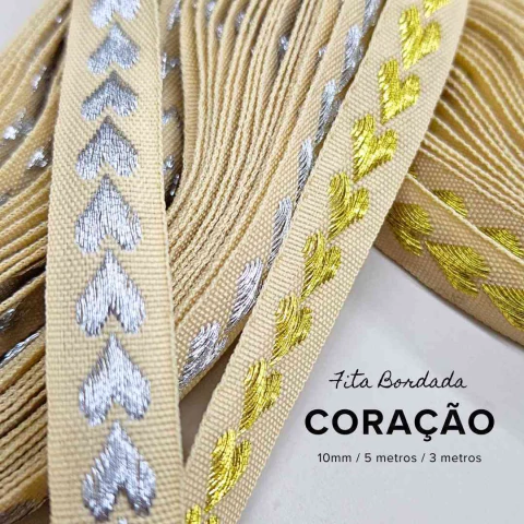 Fita Bordada Coração 10mm PRATA ou DOURADA