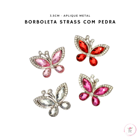 Aplique Borboleta Strass com pedras Nova 3,5cm