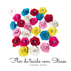 Flor de tecido com Strass 3cm (10 unidades) Sortidas