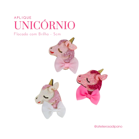 Aplique Unicórnio Flocado com Brilho (5cm) - 1 unidade