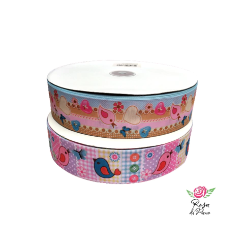 Fita gorgurão Estampada Passarinho - 38mm (5 metros)