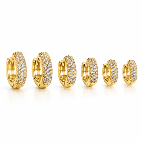Trio de Brincos de Argolinhas Cravejadas de Zircônias Banhados a Ouro 18k