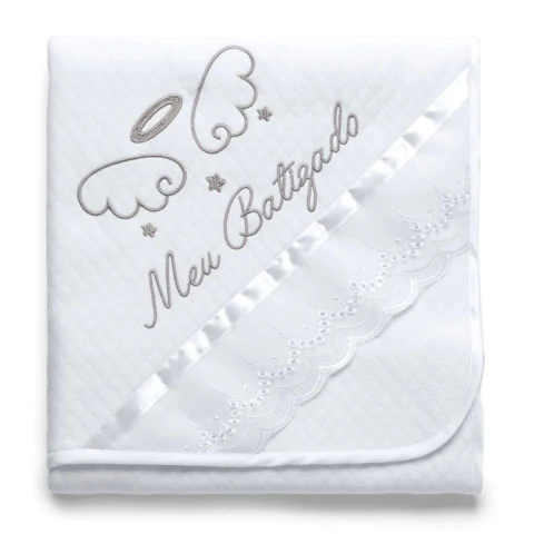 Manta para Bebê Malha Matelasse Meu Batizado Branco - Hug