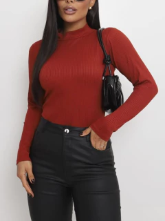 Blusa Manga Longa Gola Alta Canelada Telha