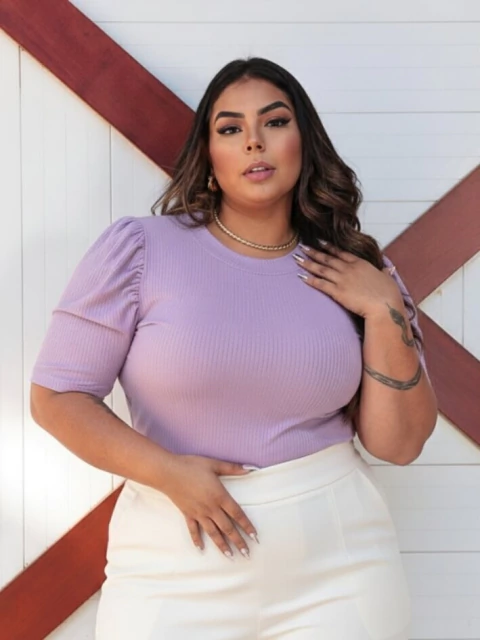 Blusa Manga Princesa Canelada Lilás Plus Size