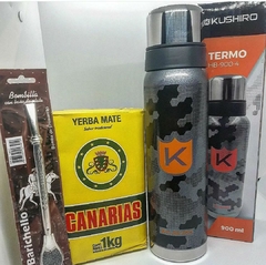 KIT TERMO ACERO INOXIDABLE MARCA KUSHIRO 900 ML + 1 KG YERBA CANARIAS + BOMBILLA ALPACA