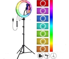 ARO LUZ LED 10″ 26 CM MULTICOLOR RGB + TRIPODE 2.10MTS + AGARRE CELULAR EN EL CENTRO DEL ARO – TIK TOK – MAQUILLAJE ETC