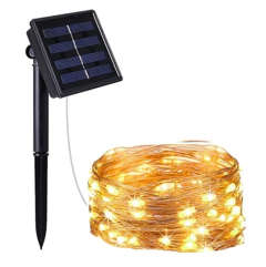 GUIRNALDA SOLAR X 100 LEDS 10 METROS LINEAL CALIDA CABLE TRANSPARENTE – SE RECARGA CON EL SOL