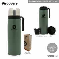 13613– TERMO PLATEADO/VERDE CAMIONERO CON TAPA VASO T3 – DISCOVERY