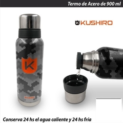 TERMO ACERO INOX 900ML KUSHIRO CAMUFLADO – FRÍO / CALOR – DOBLE PARED ACERO