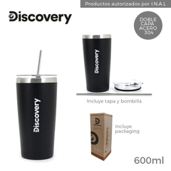 VASO TERMICO BLANCO/NEGRO 600ML ACERO INOX C/TAPA Y SORBETE- DISCOVERY