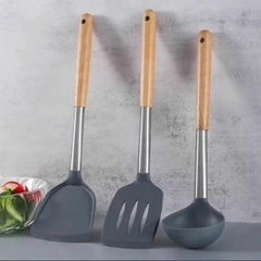 Utensilio De Cocina Antiadherente Silicona Mango Madera X3
