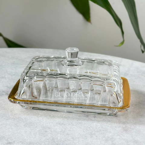 Manteigueira Radial com Borda Dourada em Cristal 18cm