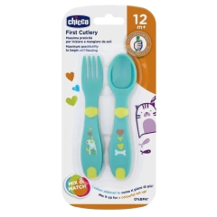 CHICCO CUCHARA Y TENEDOR FIRST CUTLERY 12M+ AQUA - comprar online