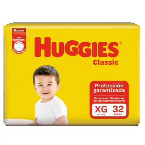 PAÑALES HUGGIES CLASSIC TALLE XG (32 UNIDADES)