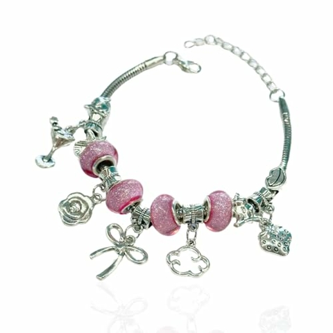 Pulseira com 13 Berloques Laço Cor de Rosa Ajustável Bijoux