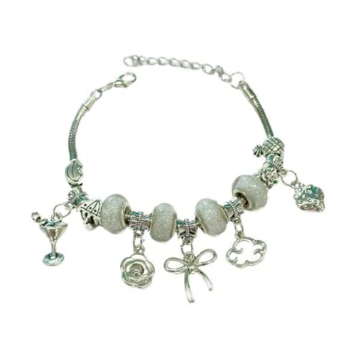 Pulseira com 13 Berloques Laço Branco Ajustável Bijoux