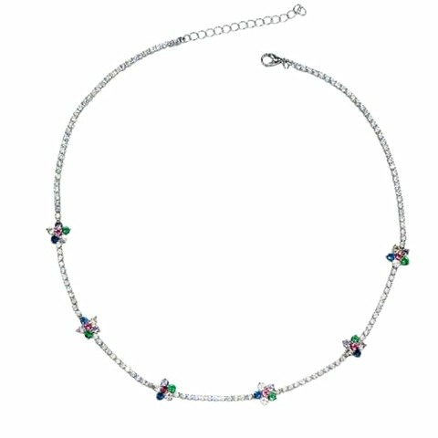 Colar Chocker Zircônias Flores Coloridas Banhado a Ródio