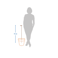 Esquema de una maceta con soporte, mostrando una altura de 70 cm y una figura humana al lado para referencia de tamaño.