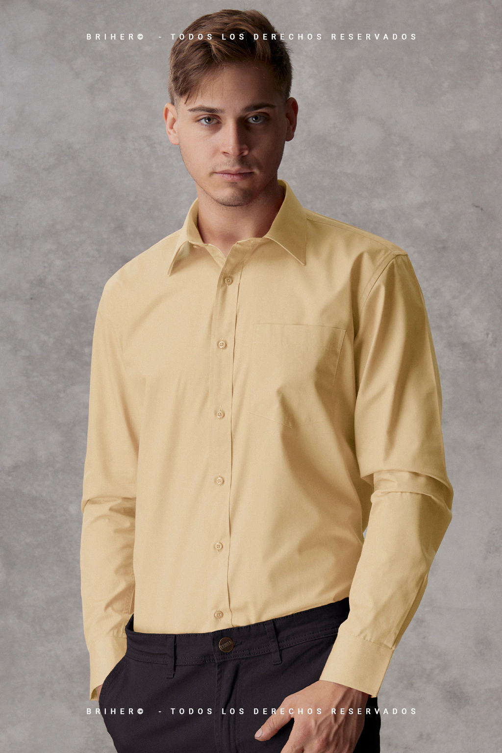 Camisa de Vestir Hombre Beige Algodón Poliéster Corte Clásico