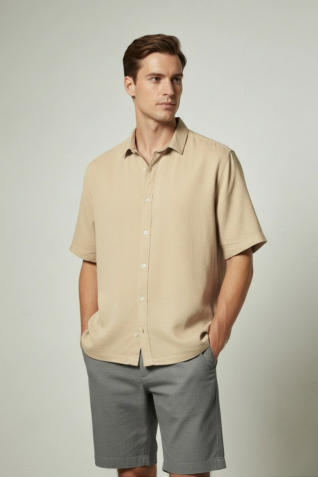 Camisa Lino Manga Corta Beige