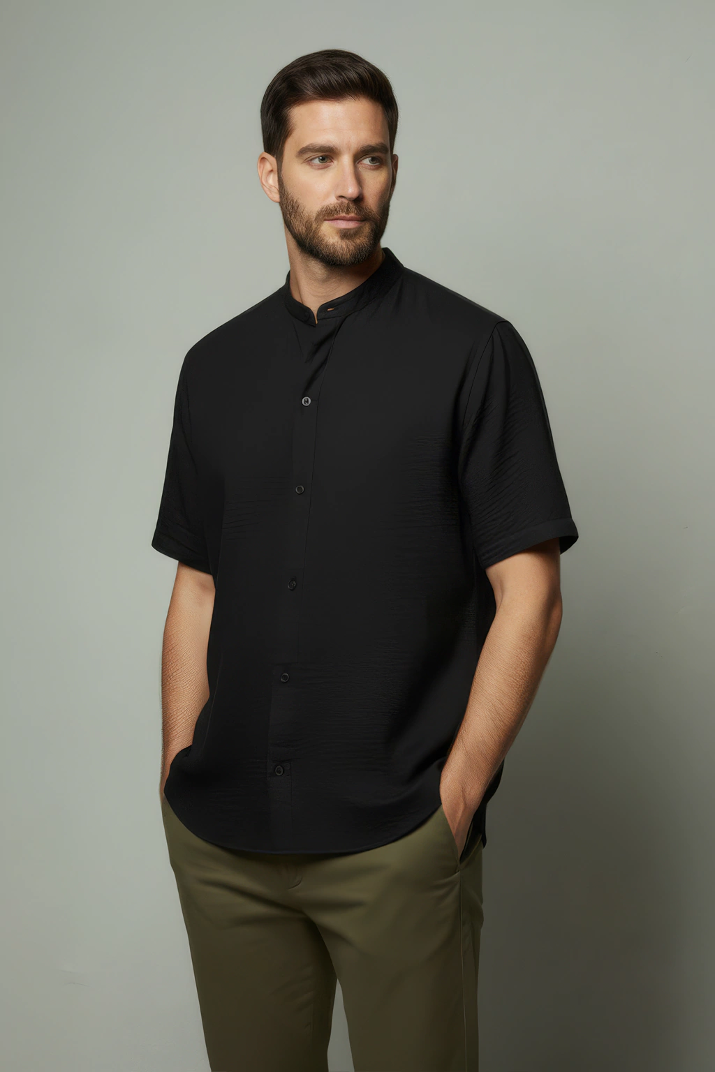 Camisa de Lino Semi Ajustada Cuello Mao Negro