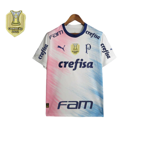 Camisa Palmeiras - Torcedor Puma Masculina - Branca com detalhes em azul e rosa com todos os patrocínios