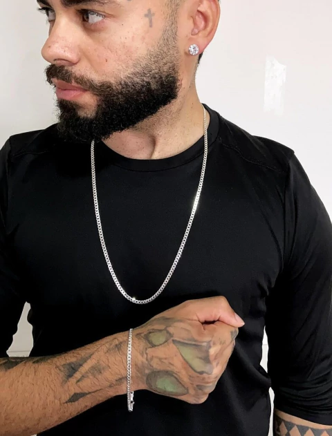 Conjunto Grumet 4mm 70cm e Par de Brinco Zircônia Redondo - Prata 925 - comprar online