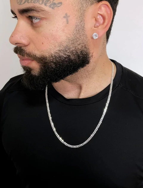 Kit Corrente Grumet 4mm 60cm e Par de Brinco Zircônia Redondo - Prata 925 - comprar online