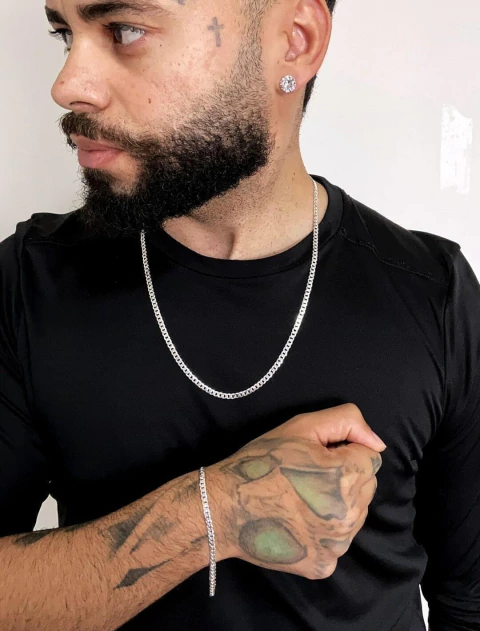 Conjunto Grumet 4mm 60cm e Par de Brinco Zircônia Redondo - Prata 925 - comprar online