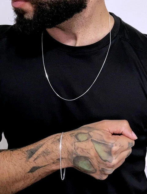 Conjunto Veneziana Diamantada 1mm e Pulseira Grumet 2mm - Prata 925 - comprar online