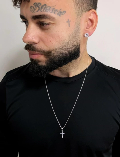 Kit Corrente Veneziana 60cm com Pingente Cruz Cravejado e Par de Brinco Zircônia Redondo - Prata 925 - comprar online