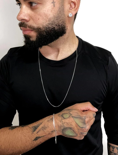 Conjunto Veneziana 1mm 70cm e Pulseira Grumet 2mm com Par de Brinco Zircônia Redondo - Prata 925 - comprar online