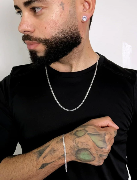 Conjunto Grumet 3mm 60cm e Par de Brinco Zircônia Redondo - Prata 925 - comprar online