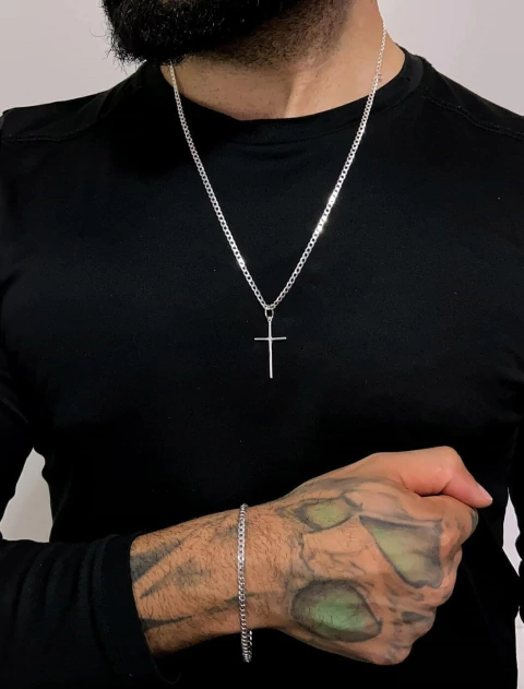 Conjunto Grumet 3mm com Pingente Cruz Palito 3cm em Prata 925 - comprar online