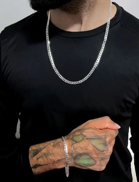 Conjunto Grumet 5,5mm: Corrente 60cm e Pulseira - Prata 925 - comprar online