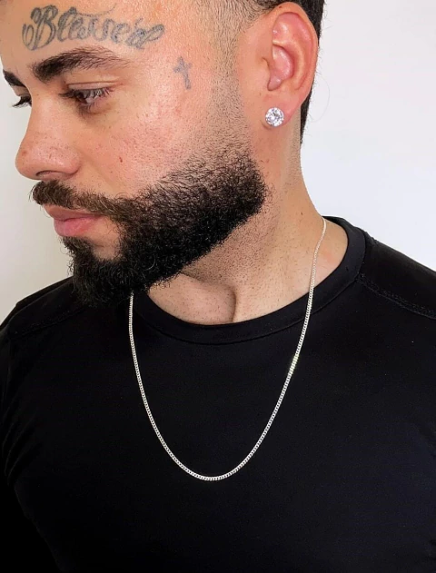 Kit Corrente Grumet 2mm 60cm e Par de Brinco Zircônia Redondo - Prata 925 - comprar online