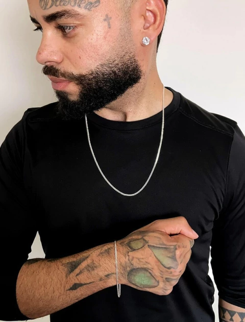 Conjunto Grumet 2mm 60cm e Par de Brinco Zircônia Redondo - Prata 925 - comprar online