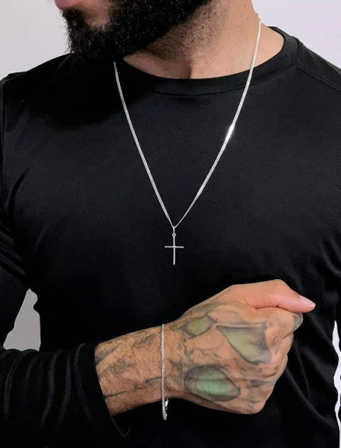 Conjunto Grumet 2mm com Pingente Cruz Palito Médio em Prata 925 - comprar online
