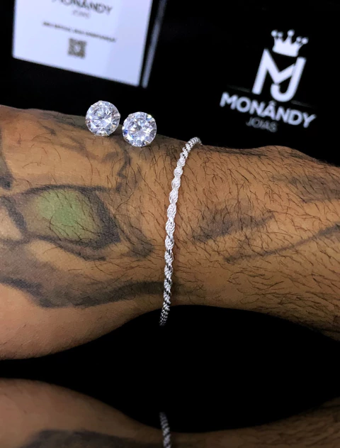 Kit Pulseira Cordão Baiano 2mm e Par de Brinco Zircônia Redondo - Prata 925 - comprar online