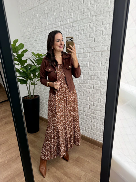 Vestido Feminino Viscolinho Lastex Marrom Flores