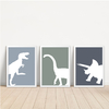 KIT 3 QUADROS DINOSSAUROS SILHUETA AZUL