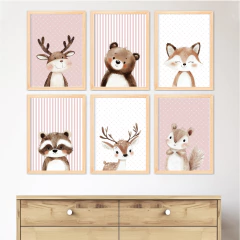KIT 6 QUADROS ANIMAIS FOFOS DA FLORESTA ROSE na internet