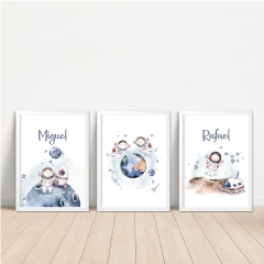 KIT 3 QUADROS ASTRONAUTA IRMÃOS menino/menino