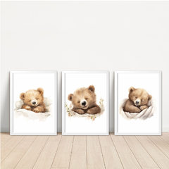 KIT 3 QUADROS URSO AQUARELA MARROM
