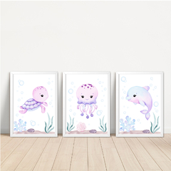KIT 3 QUADROS FUNDO DO MAR LILÁS AQUARELA - comprar online